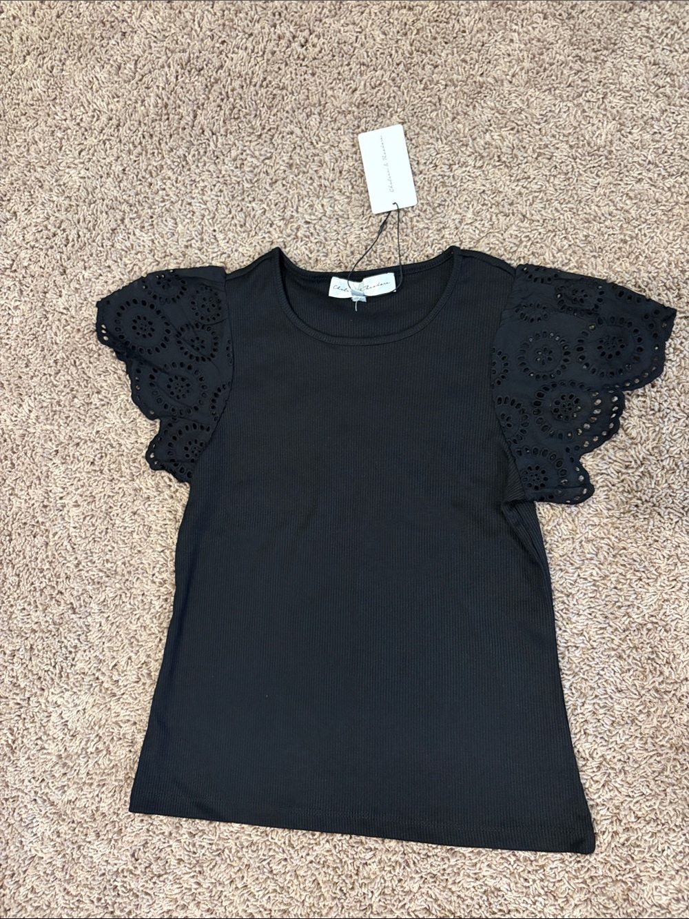 Chelsea & Theodore Black Eyelet Flutter Sleeve Top
